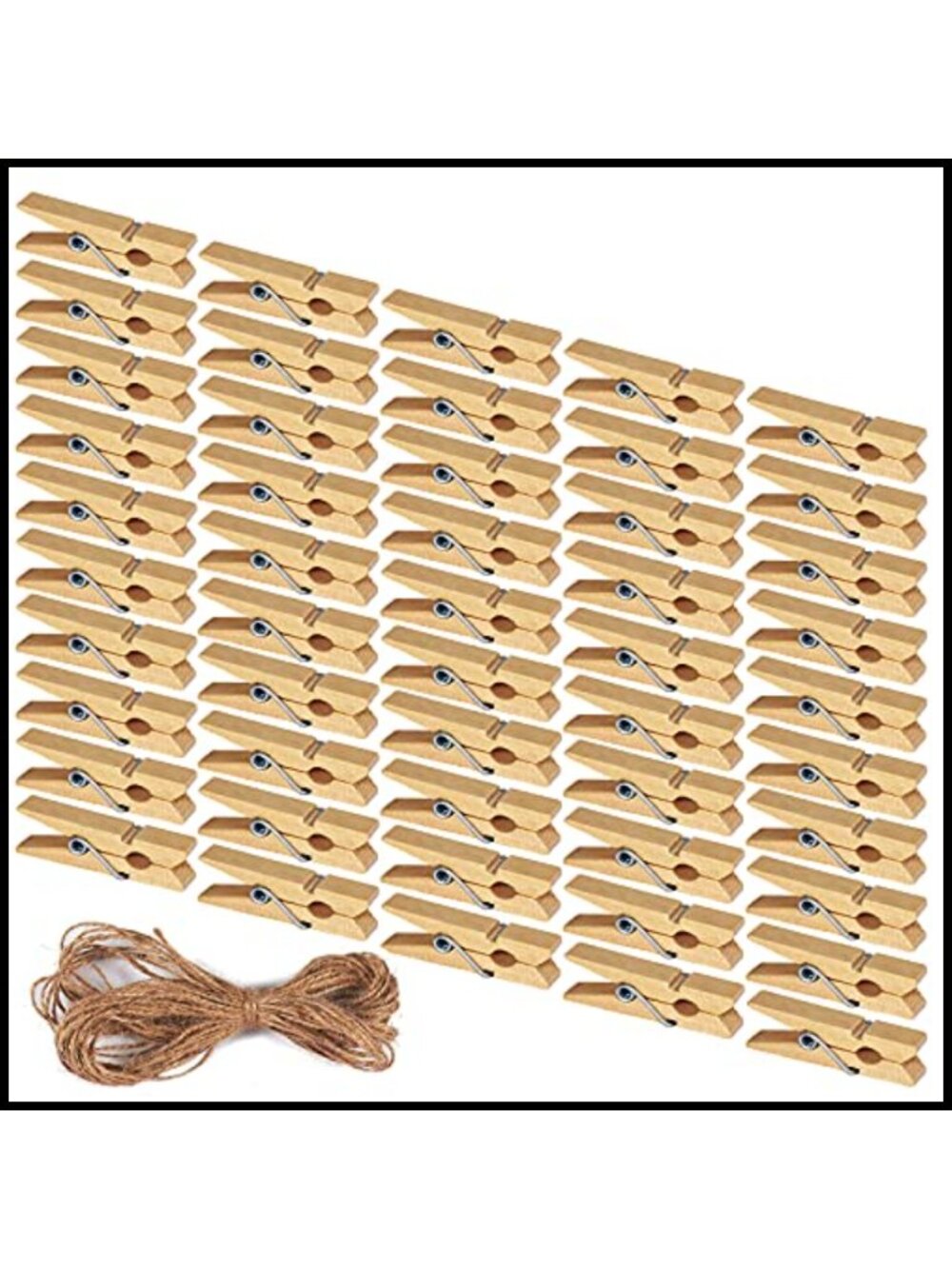 50 Pcs Mini Wooden Clothes Pins 1.4 Inch with Jute Twine Clip Photo Holders